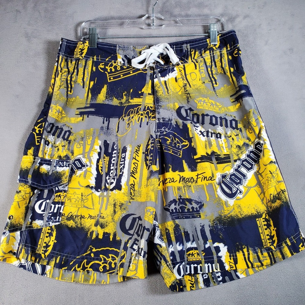 Corona Extra‎ Board Shorts Mens 34 Blue Yellow Graphic Beer Logo Swim Beach Surf
